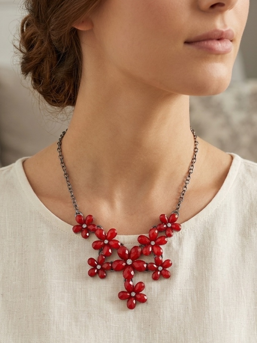 Red Floral Crystal Bib Necklace - Women in Costume Jewelry
